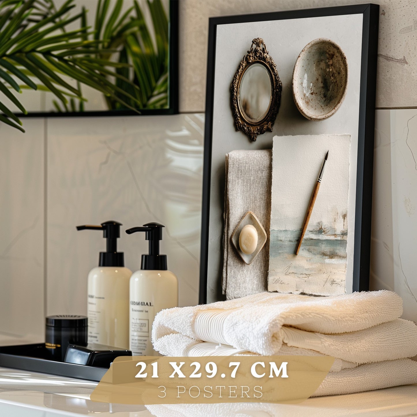 Set de 3 Cuadros Baño Modernos Posters Decorativos Estilo Spa Relax para Pared de Lavabo Ducha WC y Aseo con Piedras Velas y Sales Decoracion Zen