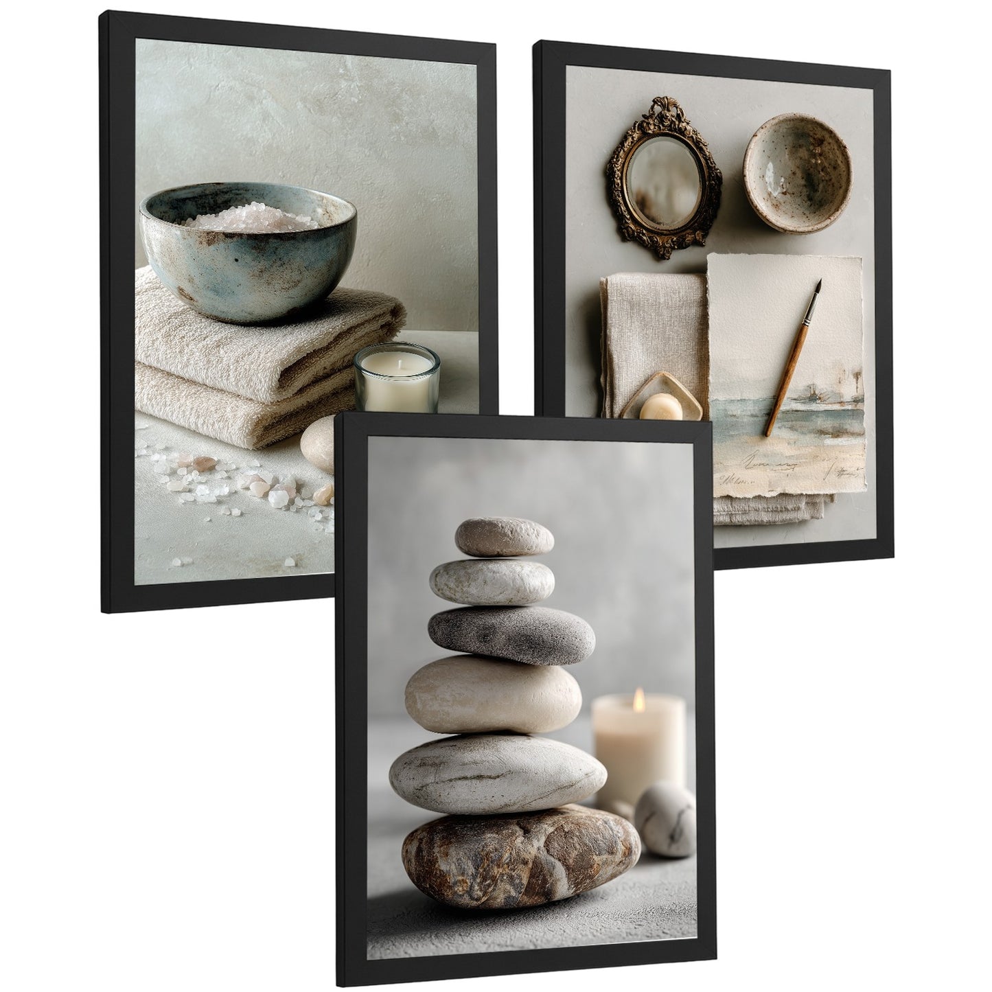 Set de 3 Cuadros Baño Modernos Posters Decorativos Estilo Spa Relax para Pared de Lavabo Ducha WC y Aseo con Piedras Velas y Sales Decoracion Zen