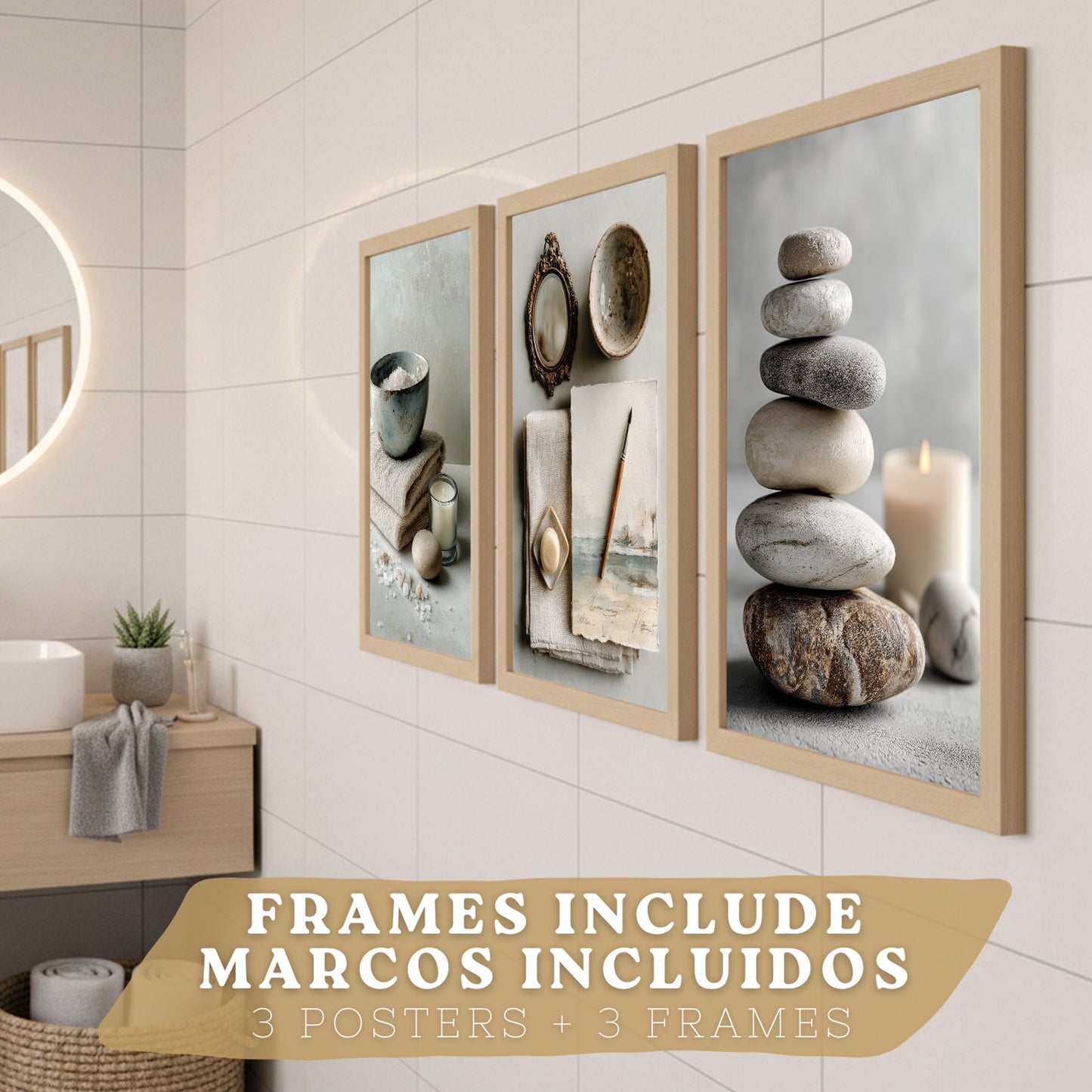 Set de 3 Cuadros Baño Modernos Posters Decorativos Estilo Spa Relax para Pared de Lavabo Ducha WC y Aseo con Piedras Velas y Sales Decoracion Zen