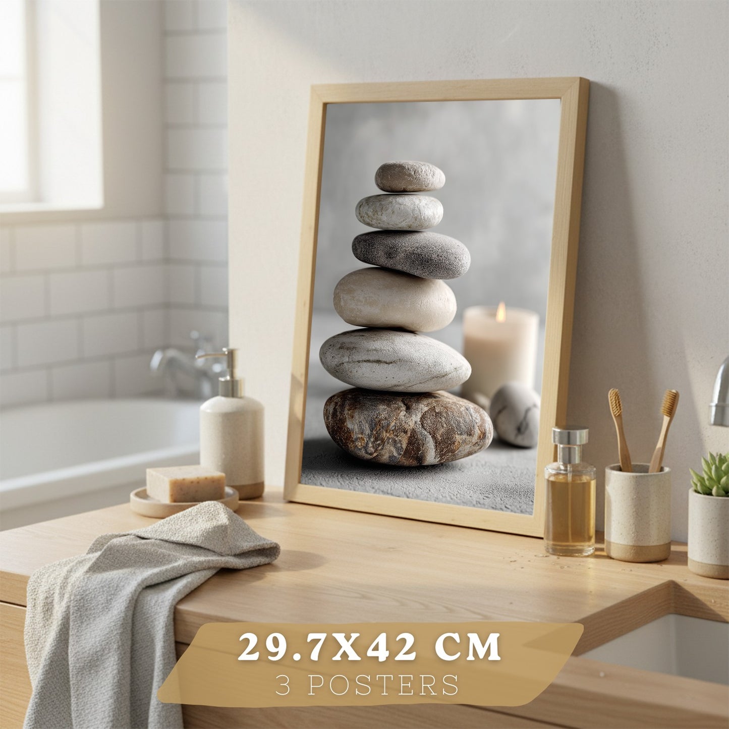 Set de 3 Cuadros Baño Modernos Posters Decorativos Estilo Spa Relax para Pared de Lavabo Ducha WC y Aseo con Piedras Velas y Sales Decoracion Zen