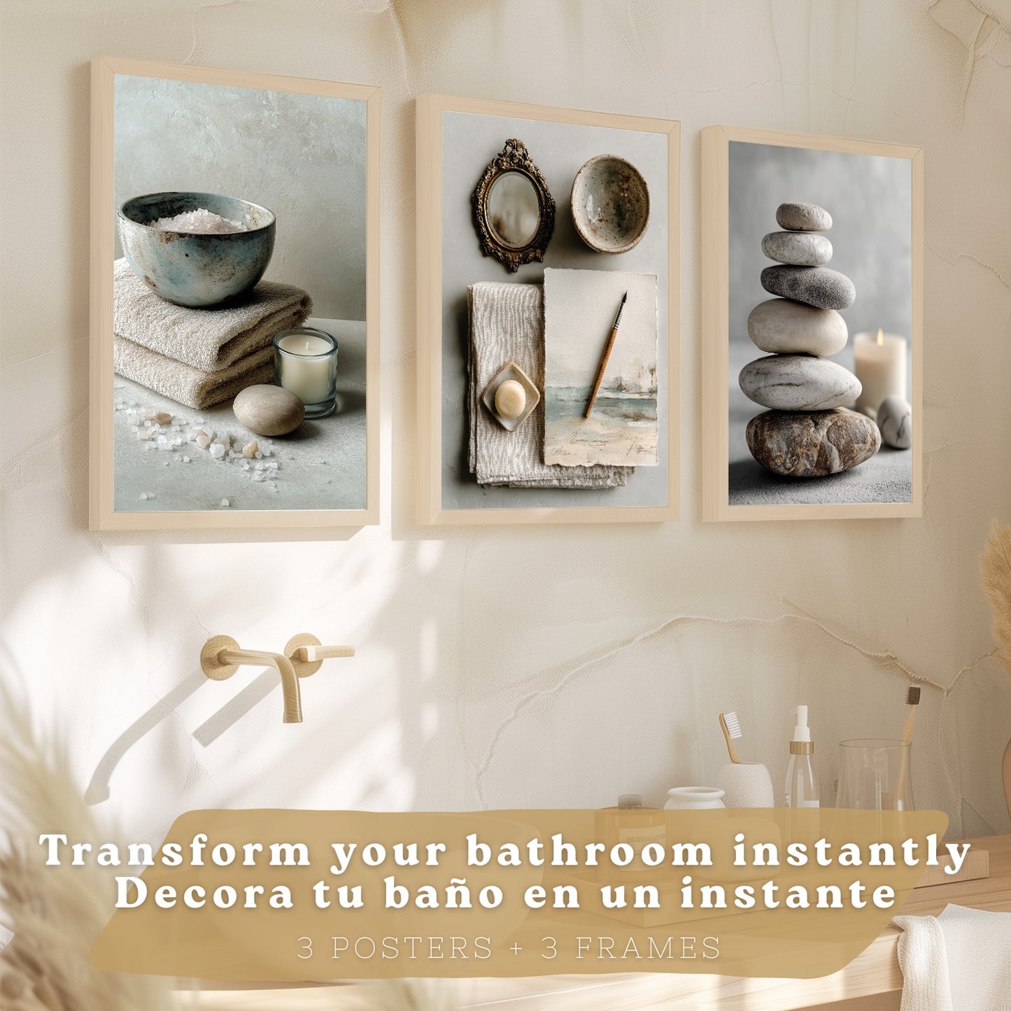 Set de 3 Cuadros Baño Modernos Posters Decorativos Estilo Spa Relax para Pared de Lavabo Ducha WC y Aseo con Piedras Velas y Sales Decoracion Zen