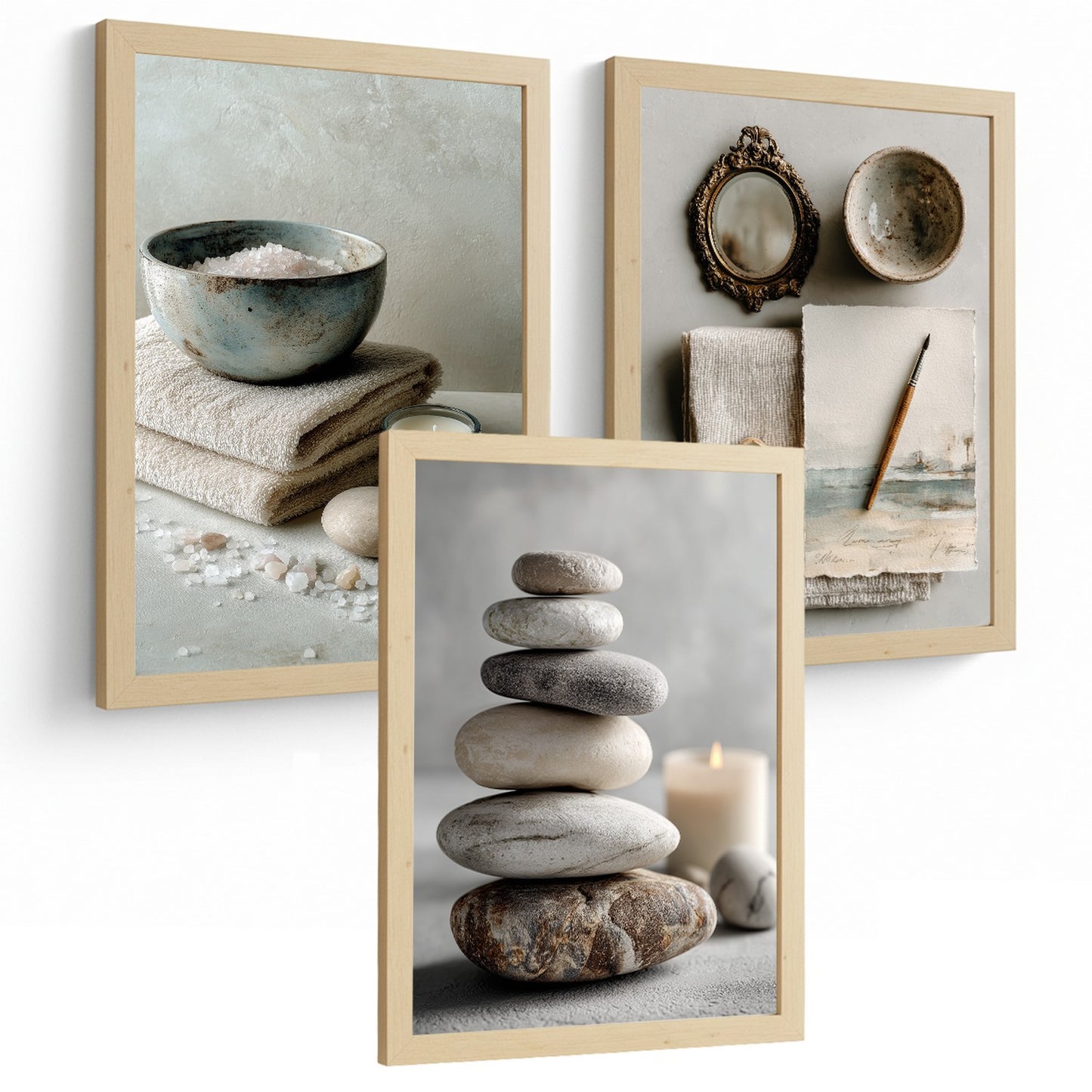 Set de 3 Cuadros Baño Modernos Posters Decorativos Estilo Spa Relax para Pared de Lavabo Ducha WC y Aseo con Piedras Velas y Sales Decoracion Zen