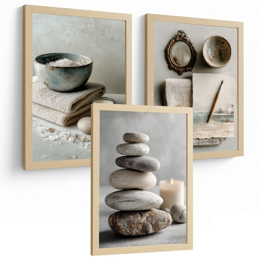 Set de 3 Cuadros Baño Modernos Posters Decorativos Estilo Spa Relax para Pared de Lavabo Ducha WC y Aseo con Piedras Velas y Sales Decoracion Zen