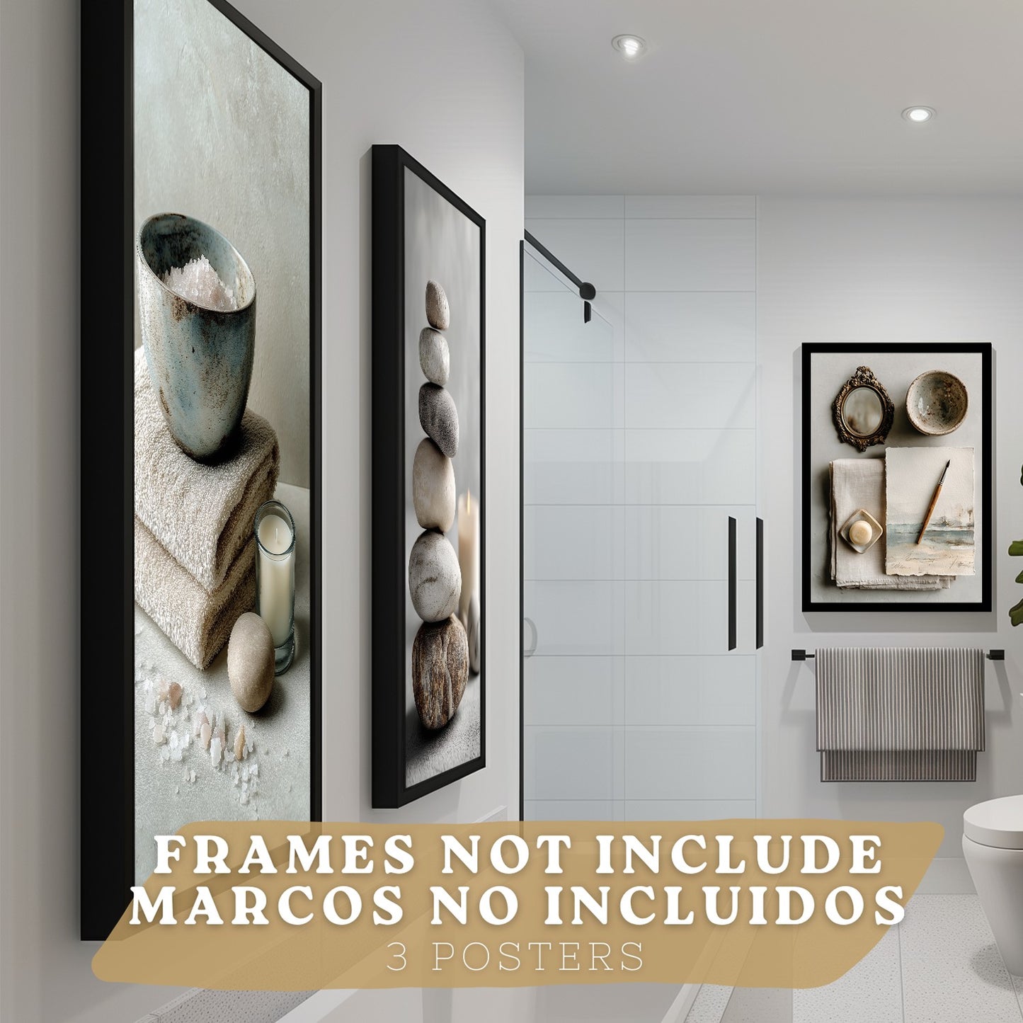 Set de 3 Cuadros Baño Modernos Posters Decorativos Estilo Spa Relax para Pared de Lavabo Ducha WC y Aseo con Piedras Velas y Sales Decoracion Zen