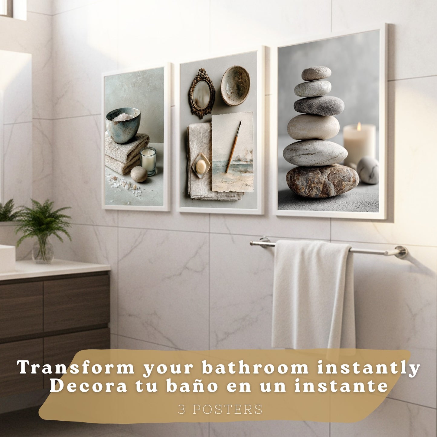 Set de 3 Cuadros Baño Modernos Posters Decorativos Estilo Spa Relax para Pared de Lavabo Ducha WC y Aseo con Piedras Velas y Sales Decoracion Zen