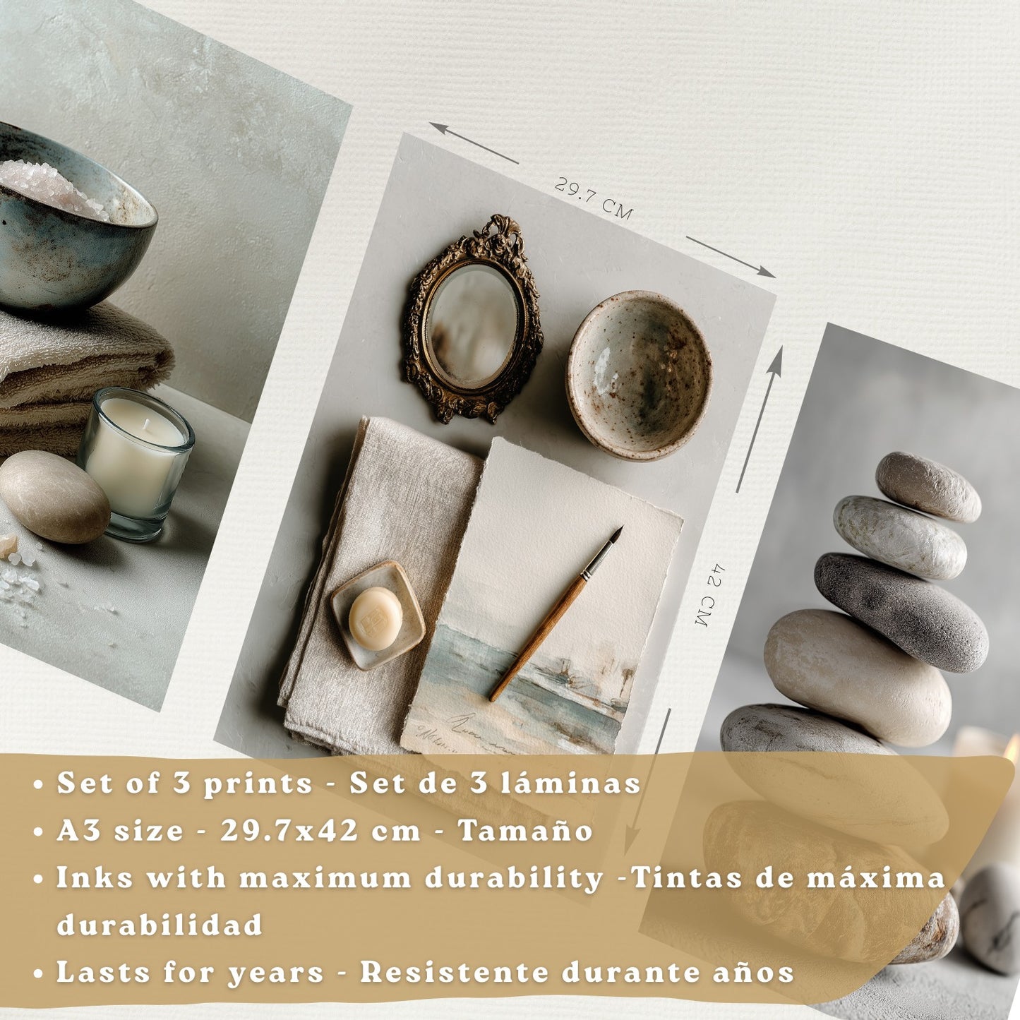 Set de 3 Cuadros Baño Modernos Posters Decorativos Estilo Spa Relax para Pared de Lavabo Ducha WC y Aseo con Piedras Velas y Sales Decoracion Zen
