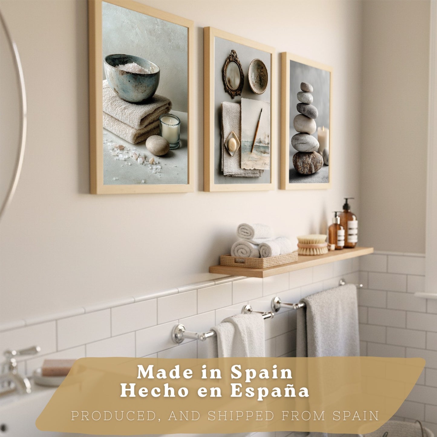 Set de 3 Cuadros Baño Modernos Posters Decorativos Estilo Spa Relax para Pared de Lavabo Ducha WC y Aseo con Piedras Velas y Sales Decoracion Zen
