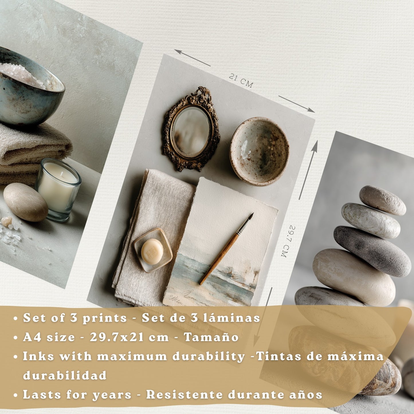 Set de 3 Cuadros Baño Modernos Posters Decorativos Estilo Spa Relax para Pared de Lavabo Ducha WC y Aseo con Piedras Velas y Sales Decoracion Zen