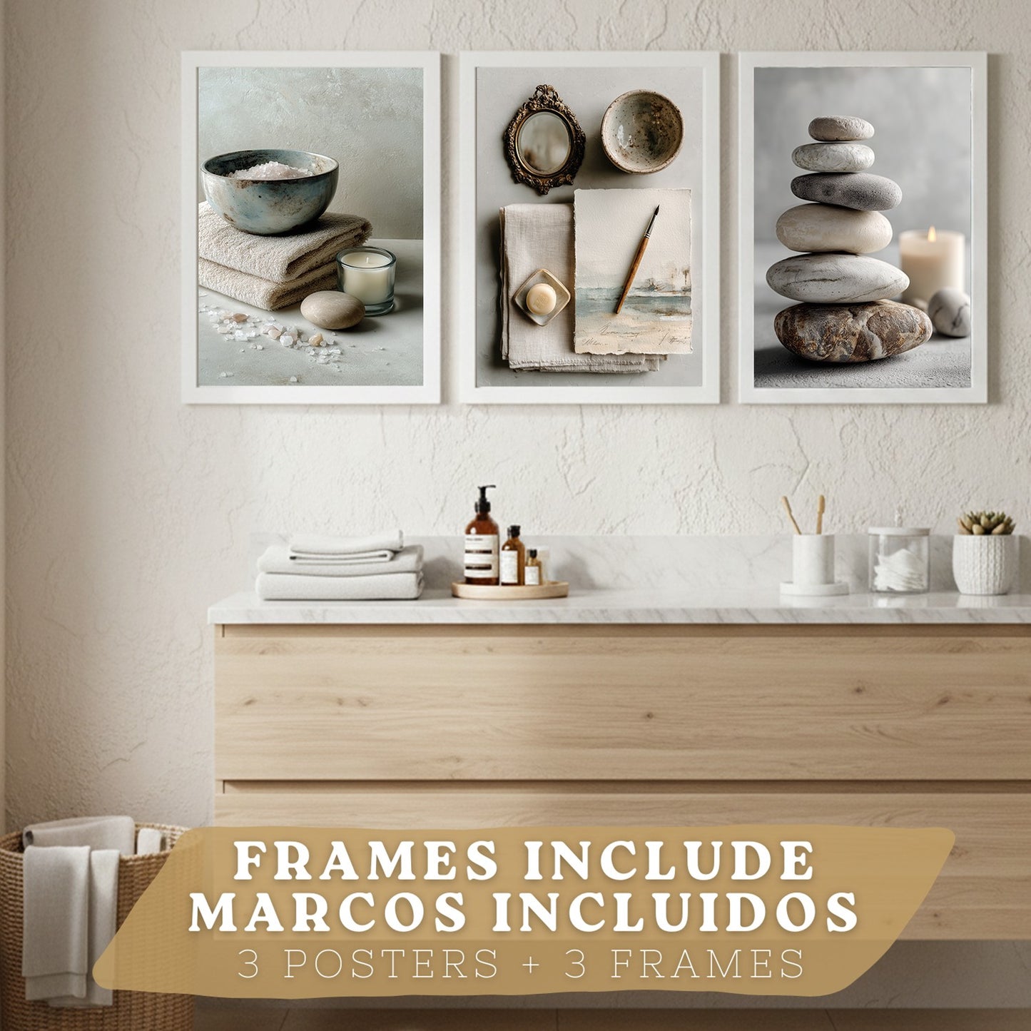 Set de 3 Cuadros Baño Modernos Posters Decorativos Estilo Spa Relax para Pared de Lavabo Ducha WC y Aseo con Piedras Velas y Sales Decoracion Zen