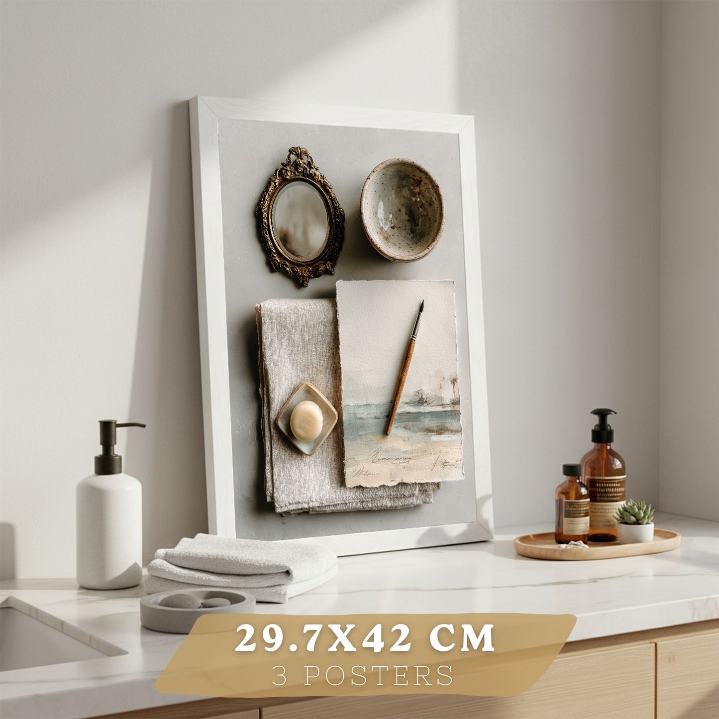 Set de 3 Cuadros Baño Modernos Posters Decorativos Estilo Spa Relax para Pared de Lavabo Ducha WC y Aseo con Piedras Velas y Sales Decoracion Zen