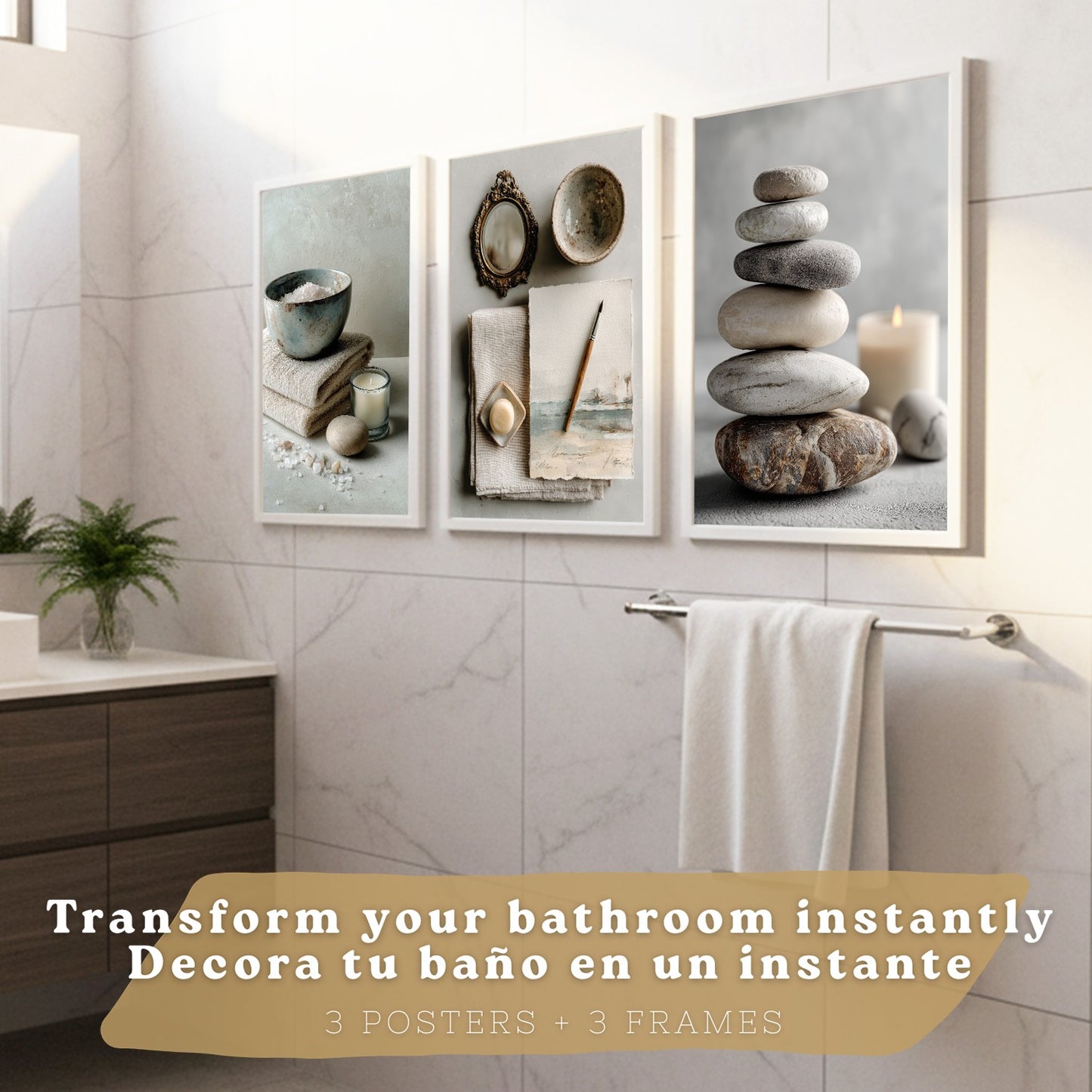 Set de 3 Cuadros Baño Modernos Posters Decorativos Estilo Spa Relax para Pared de Lavabo Ducha WC y Aseo con Piedras Velas y Sales Decoracion Zen
