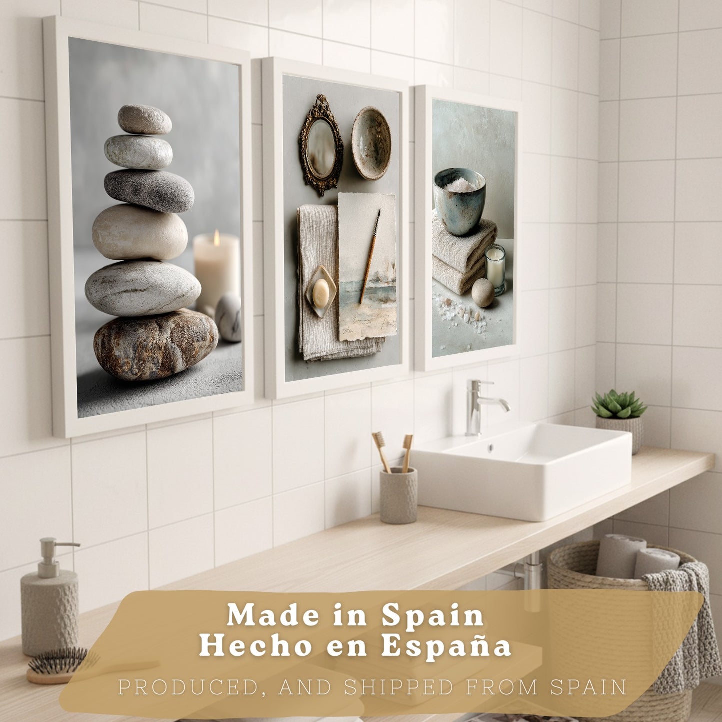 Set de 3 Cuadros Baño Modernos Posters Decorativos Estilo Spa Relax para Pared de Lavabo Ducha WC y Aseo con Piedras Velas y Sales Decoracion Zen