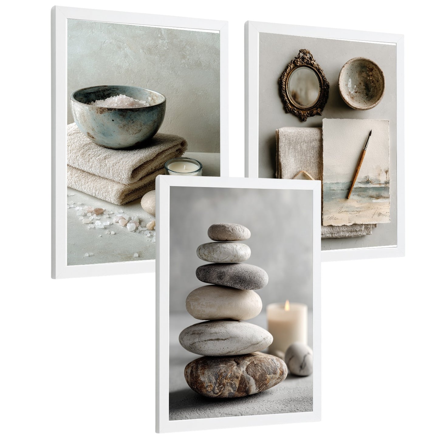 Set de 3 Cuadros Baño Modernos Posters Decorativos Estilo Spa Relax para Pared de Lavabo Ducha WC y Aseo con Piedras Velas y Sales Decoracion Zen