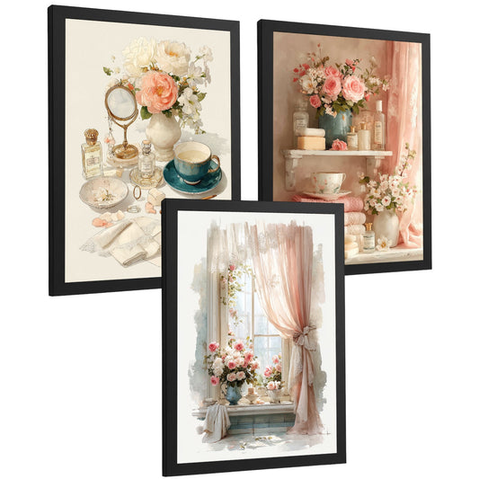 Set de 3 Laminas Decorativas Baño Estilo Romántico Vintage Cuadros con Flores Rosas Perfumes y Ventana Poster Elegante Decoración Hogar