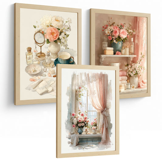 Set de 3 Laminas Decorativas Baño Estilo Romántico Vintage Cuadros con Flores Rosas Perfumes y Ventana Poster Elegante Decoración Hogar