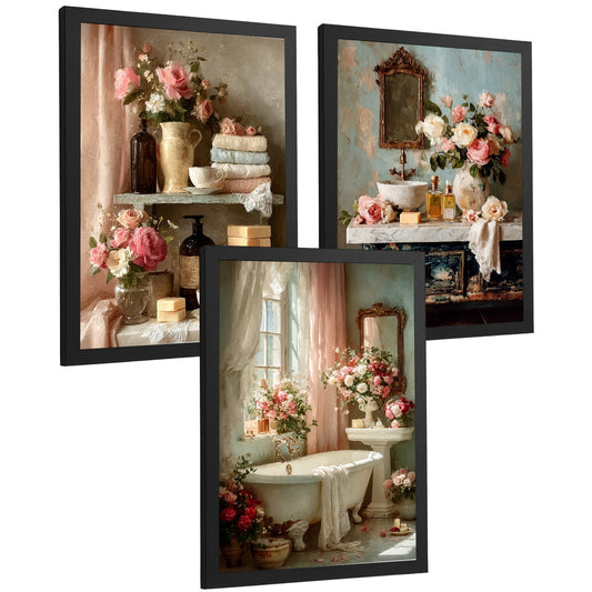 Set de 3 Laminas Decorativas Baño Estilo Romántico Vintage Cuadros con Rosas Bañera y Perfumes Poster Floral Elegante Decoración Hogar