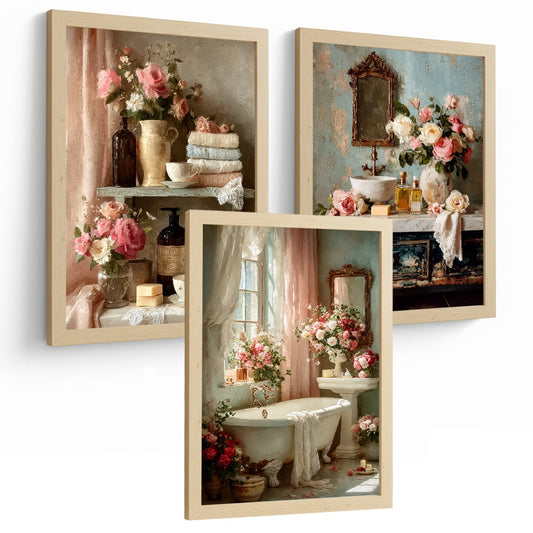 Set de 3 Laminas Decorativas Baño Estilo Romántico Vintage Cuadros con Rosas Bañera y Perfumes Poster Floral Elegante Decoración Hogar
