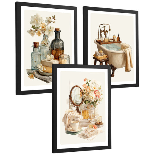 Juego de 3 Laminas Decorativas para Baño Cuadros y Poster Vintage Elegante para Pared Lavabo Ducha WC y Aseo con Bañera Flores y Espejo Estilo Clasico