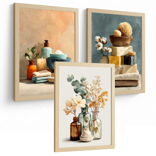 Juego de 3 Laminas Decorativas para Pared de Baño Cuadros y Poster para Lavabo Ducha WC y Aseo con Velas Jabones y Flores Estilo Natural Moderno Colorido
