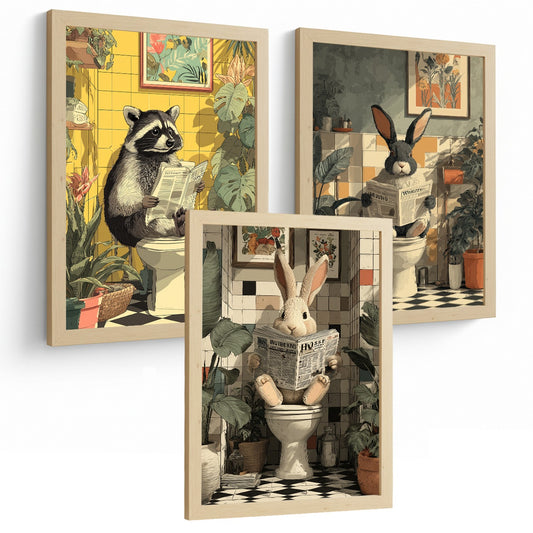 Set de 3 Laminas Animales en Baño Cuadros Decorativos Divertidos Mapache y Conejos con Estilo Vintage Moderno Posters Originales Decoracion Baño Aseo
