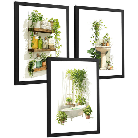 Set de 3 Laminas Decorativas Baño Decoración Paredes Cuadros Baño Estilo Botánico Minimalista Poster Baño WC Lavabo Plantas Verdes Decoración Hogar
