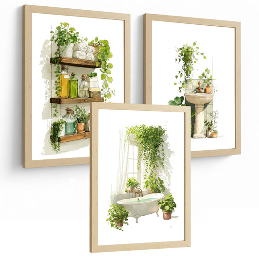 Set de 3 Laminas Decorativas Baño Decoración Paredes Cuadros Baño Estilo Botánico Minimalista Poster Baño WC Lavabo Plantas Verdes Decoración Hogar