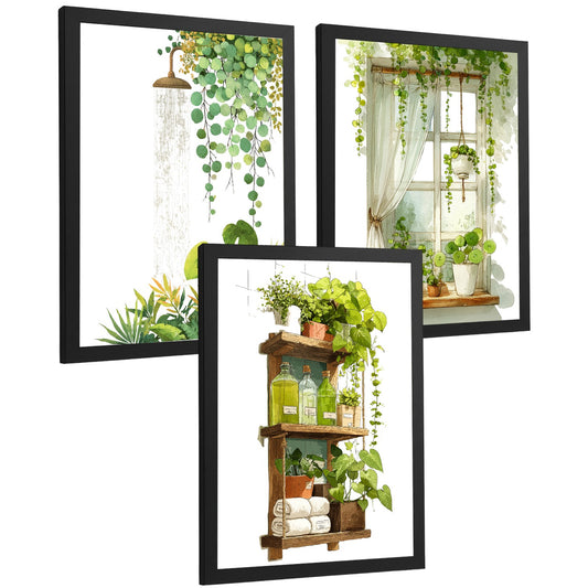 Set de 3 Laminas Decorativas Baño Estilo Natural Cuadros con Plantas Verdes Ducha y Estantería Poster Minimalista Decoración Hogar