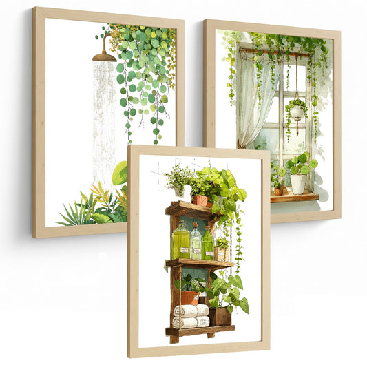 Set de 3 Laminas Decorativas Baño Estilo Natural Cuadros con Plantas Verdes Ducha y Estantería Poster Minimalista Decoración Hogar