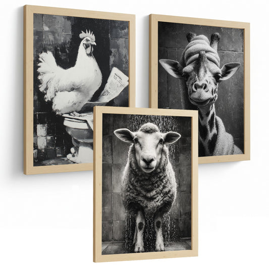 Set de 3 Laminas Divertidas Blanco y Negro Cuadros Animales en Baño Poster Funny WC Decoracion Aseo Lavabo Estilo Vintage Moderno