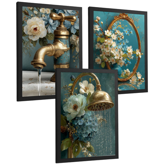 Set de 3 Laminas Decorativas Baño Cuadros Poster Elegantes para Pared Lavabo Ducha WC y Aseo Decoracion Vintage con Grifo Espejo y Ducha Dorada Estilo Clasico
