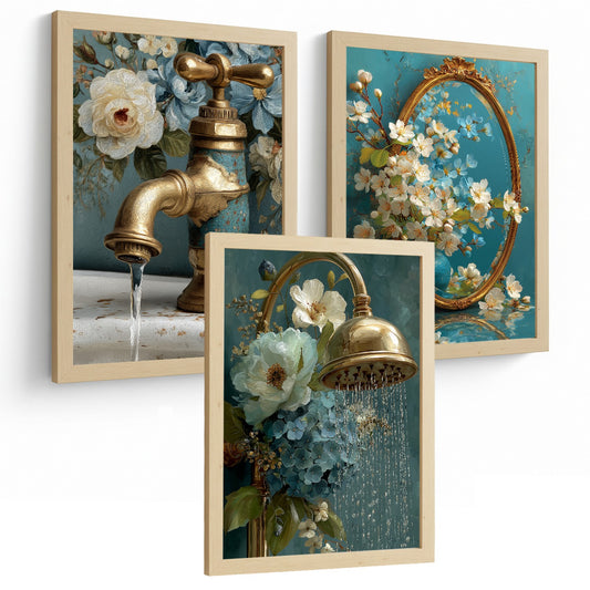 Set de 3 Laminas Decorativas Baño Cuadros Poster Elegantes para Pared Lavabo Ducha WC y Aseo Decoracion Vintage con Grifo Espejo y Ducha Dorada Estilo Clasico