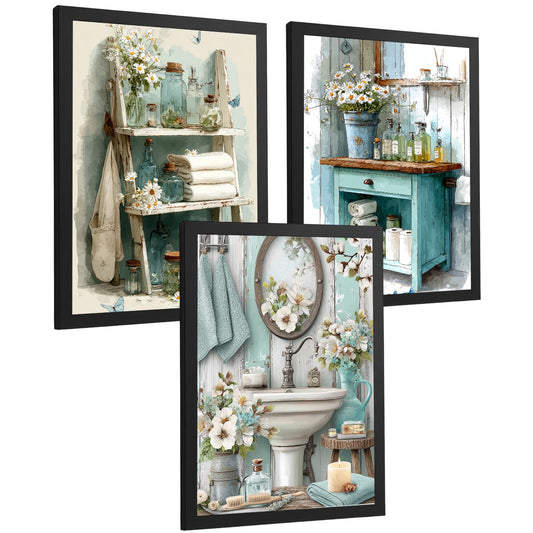 Set de 3 Laminas Decorativas Baño Cuadros Poster Estilo Vintage Cottage para Pared Lavabo Ducha WC y Aseo Decoracion Floral con Muebles y Accesorios Baño