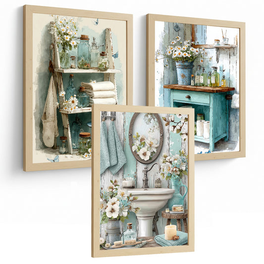 Set de 3 Laminas Decorativas Baño Cuadros Poster Estilo Vintage Cottage para Pared Lavabo Ducha WC y Aseo Decoracion Floral con Muebles y Accesorios Baño