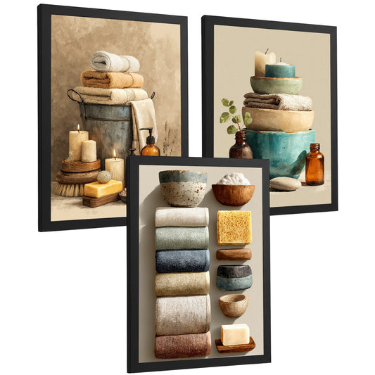 Set de 3 Laminas Decorativas Baño Estilo Spa Natural Cuadros con Toallas Velas y Accesorios Poster Minimalista Decoración Hogar