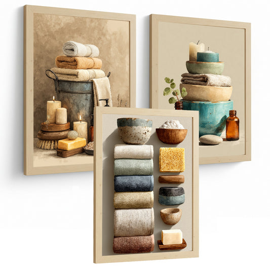 Set de 3 Laminas Decorativas Baño Estilo Spa Natural Cuadros con Toallas Velas y Accesorios Poster Minimalista Decoración Hogar