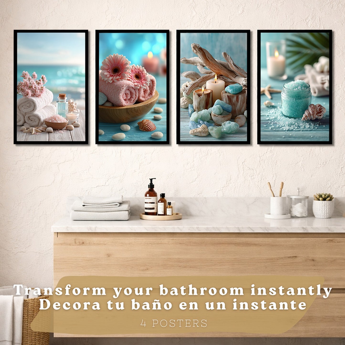Set de 4 Cuadros Baño Decoracion Poster Estilo Playa Spa para Pared Lavabo Ducha WC y Aseo con Conchas Velas Toallas y Sales Marinas