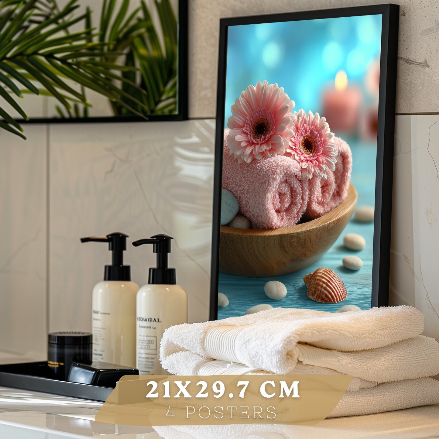 Set de 4 Cuadros Baño Decoracion Poster Estilo Playa Spa para Pared Lavabo Ducha WC y Aseo con Conchas Velas Toallas y Sales Marinas