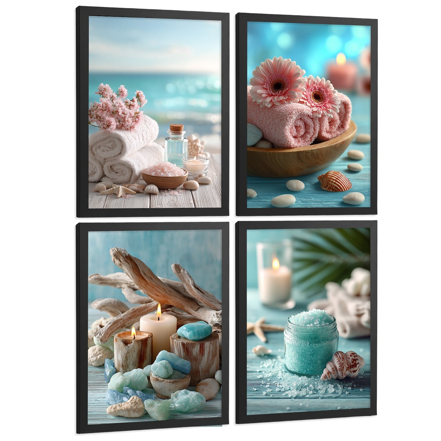 Set de 4 Cuadros Baño Decoracion Poster Estilo Playa Spa para Pared Lavabo Ducha WC y Aseo con Conchas Velas Toallas y Sales Marinas