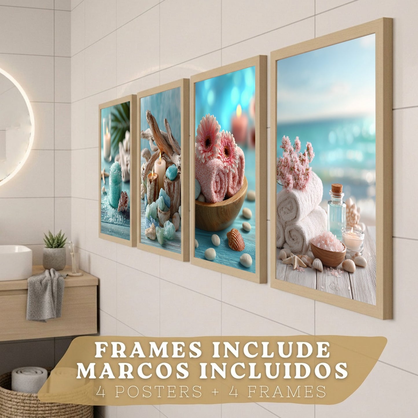 Set de 4 Cuadros Baño Decoracion Poster Estilo Playa Spa para Pared Lavabo Ducha WC y Aseo con Conchas Velas Toallas y Sales Marinas