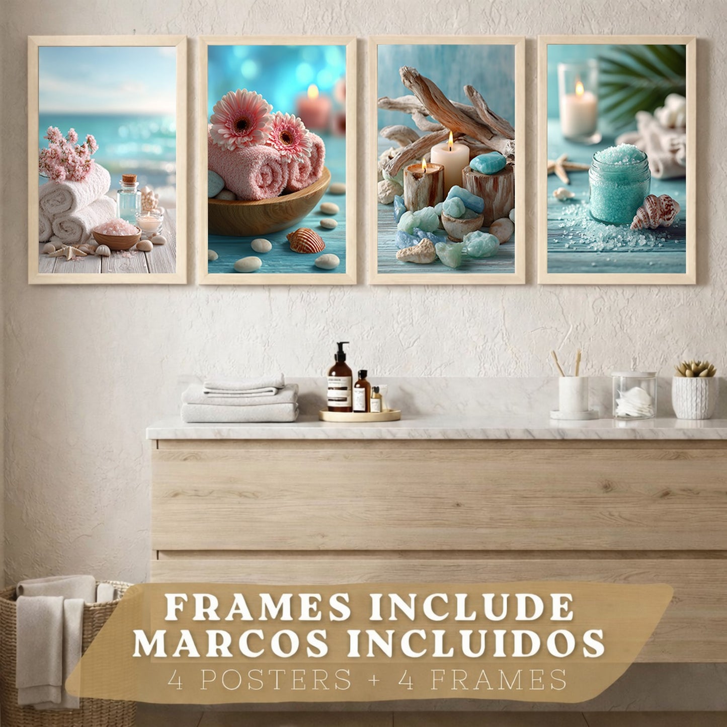 Set de 4 Cuadros Baño Decoracion Poster Estilo Playa Spa para Pared Lavabo Ducha WC y Aseo con Conchas Velas Toallas y Sales Marinas