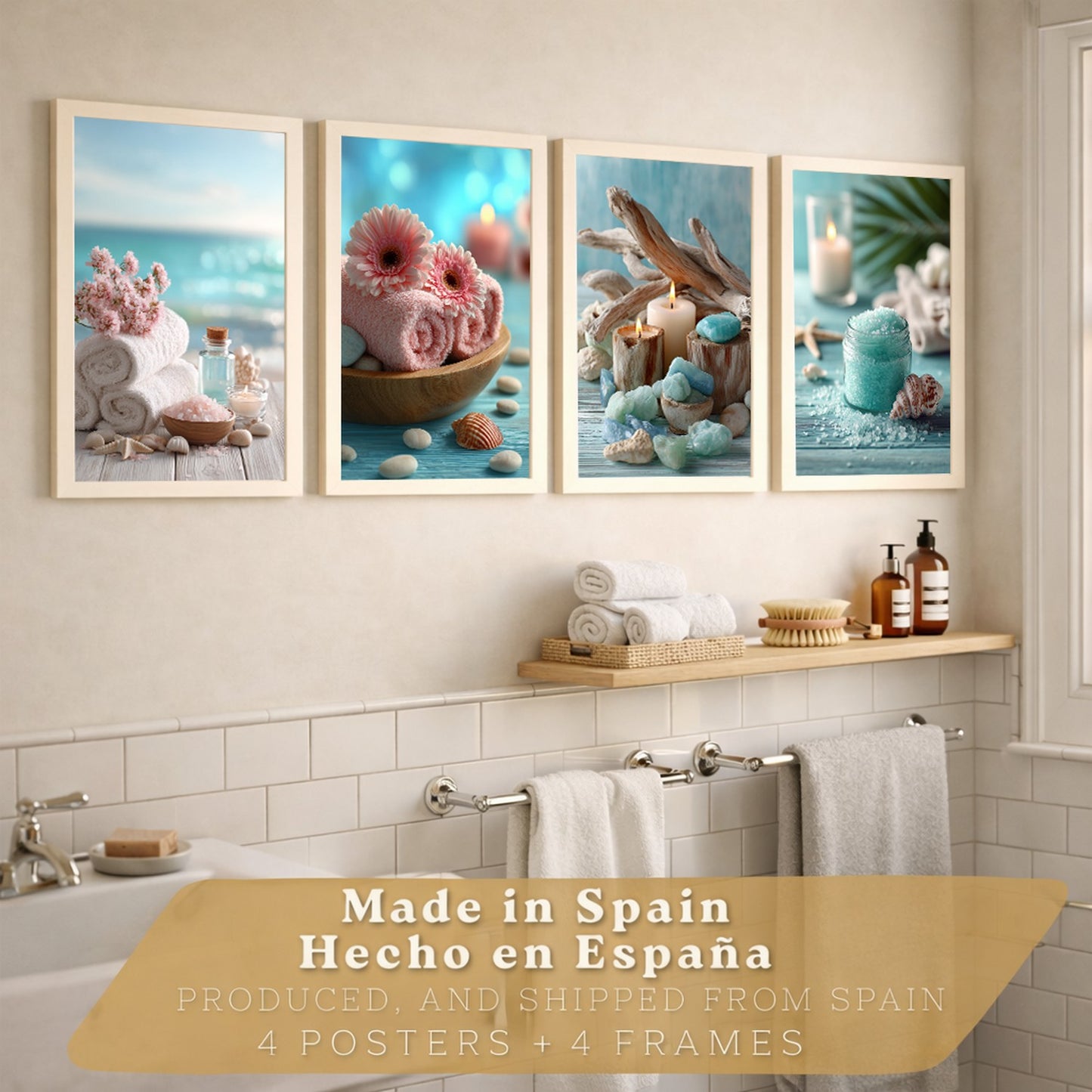 Set de 4 Cuadros Baño Decoracion Poster Estilo Playa Spa para Pared Lavabo Ducha WC y Aseo con Conchas Velas Toallas y Sales Marinas