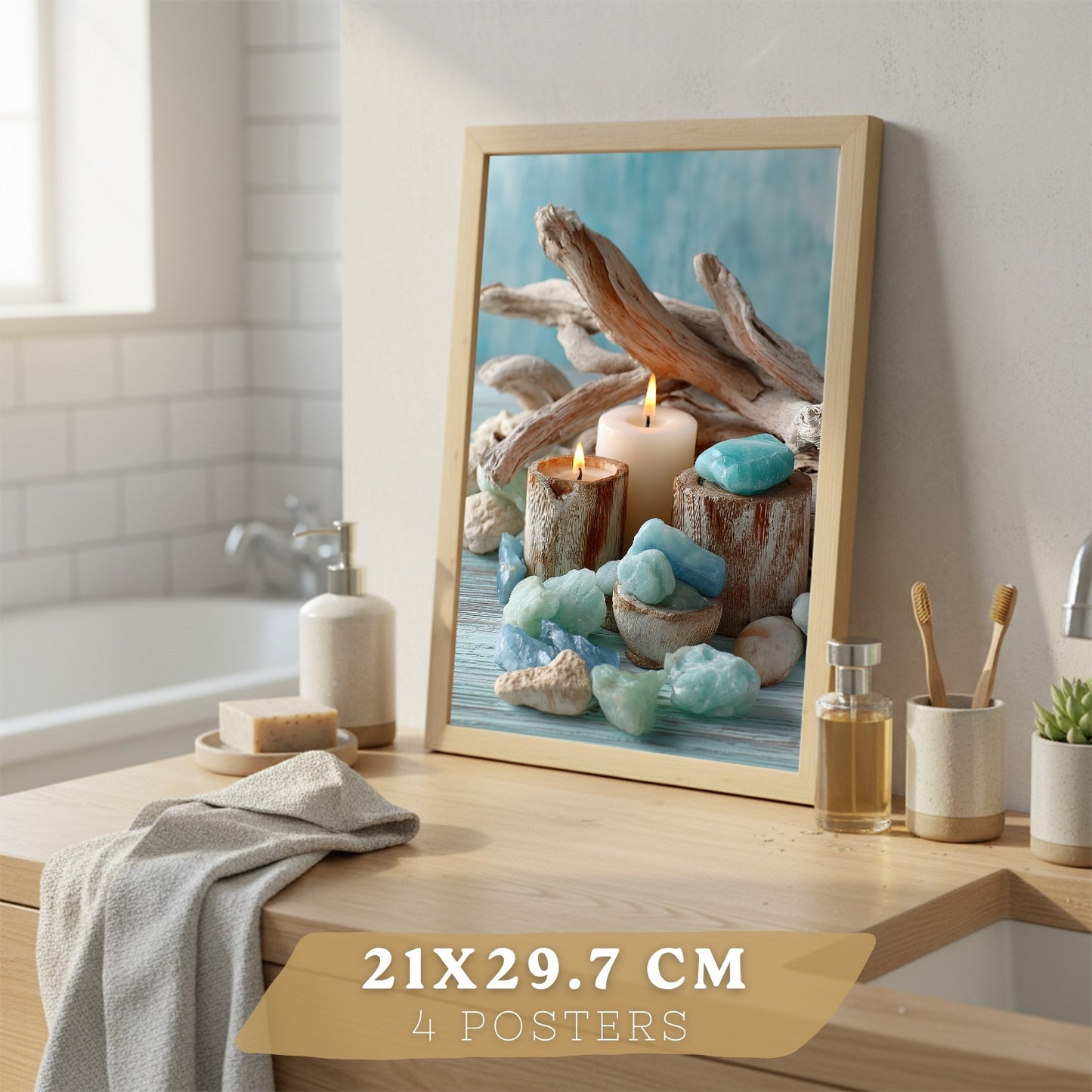 Set de 4 Cuadros Baño Decoracion Poster Estilo Playa Spa para Pared Lavabo Ducha WC y Aseo con Conchas Velas Toallas y Sales Marinas