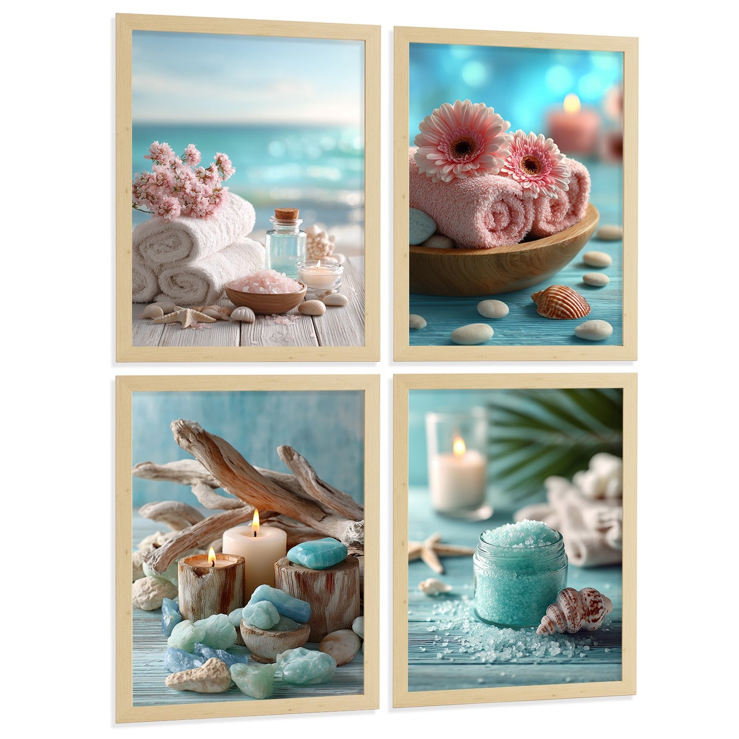 Set de 4 Cuadros Baño Decoracion Poster Estilo Playa Spa para Pared Lavabo Ducha WC y Aseo con Conchas Velas Toallas y Sales Marinas