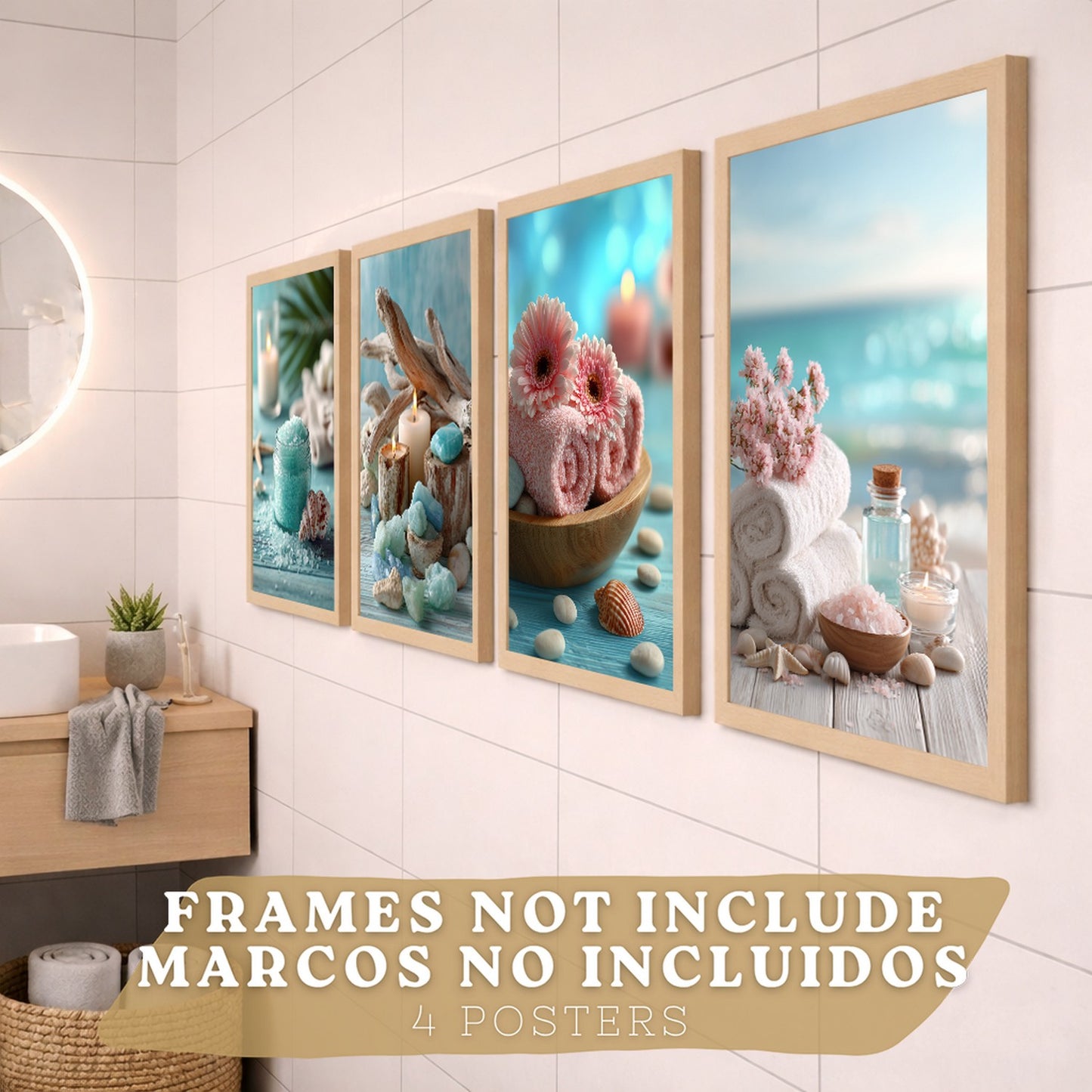 Set de 4 Cuadros Baño Decoracion Poster Estilo Playa Spa para Pared Lavabo Ducha WC y Aseo con Conchas Velas Toallas y Sales Marinas