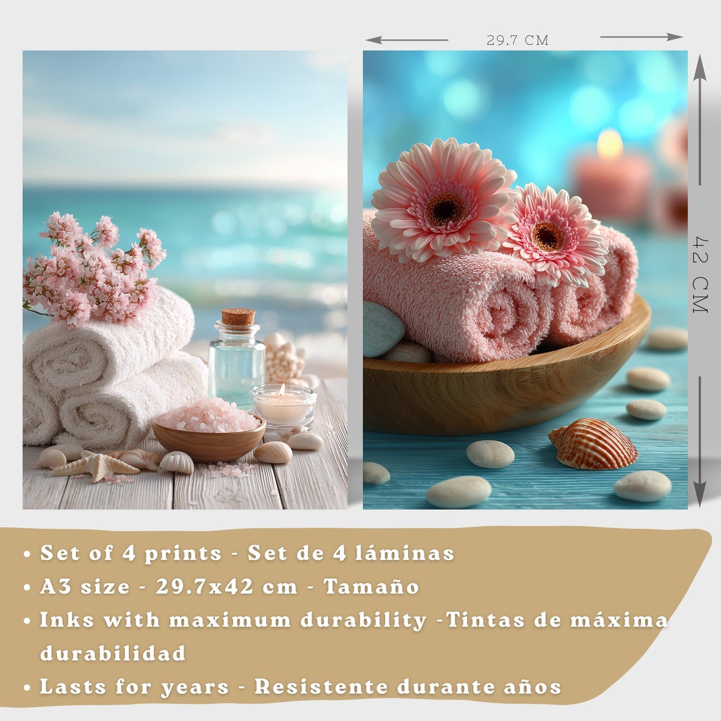 Set de 4 Cuadros Baño Decoracion Poster Estilo Playa Spa para Pared Lavabo Ducha WC y Aseo con Conchas Velas Toallas y Sales Marinas