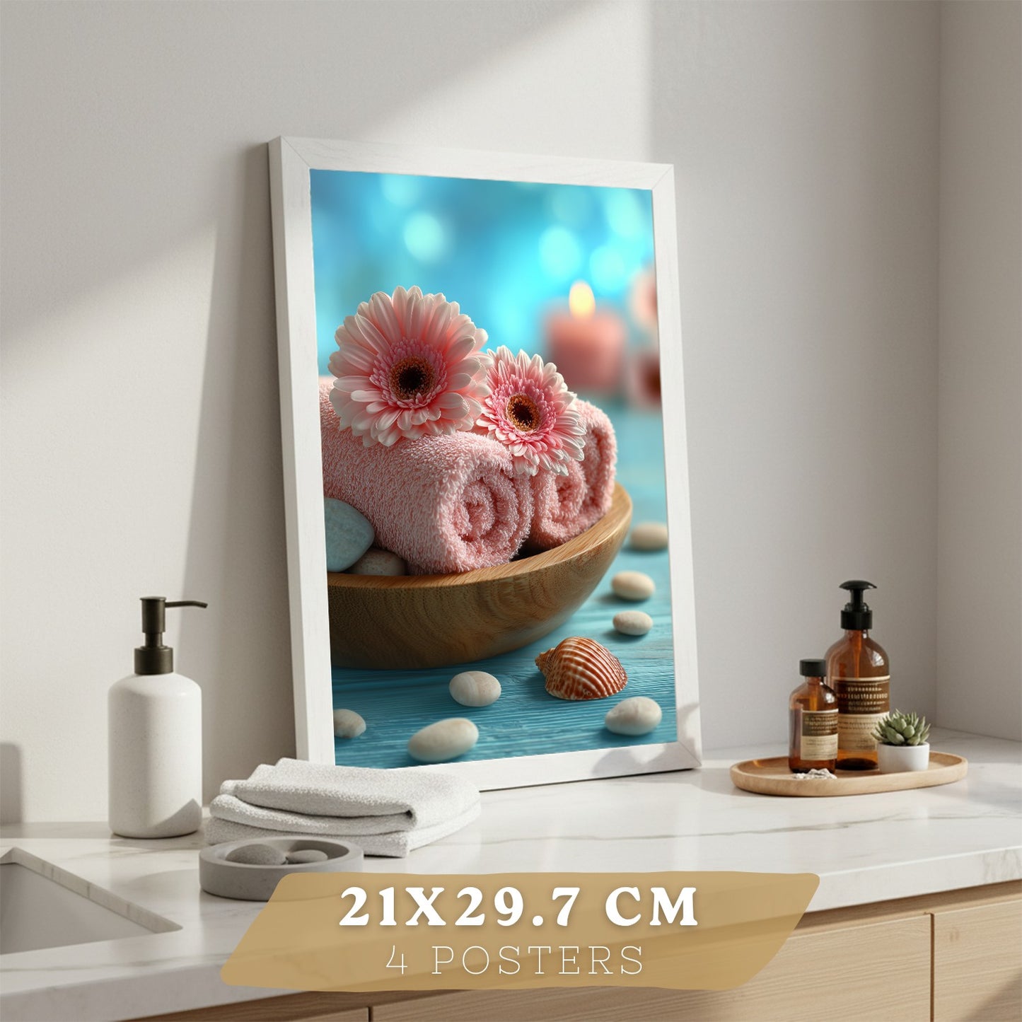 Set de 4 Cuadros Baño Decoracion Poster Estilo Playa Spa para Pared Lavabo Ducha WC y Aseo con Conchas Velas Toallas y Sales Marinas