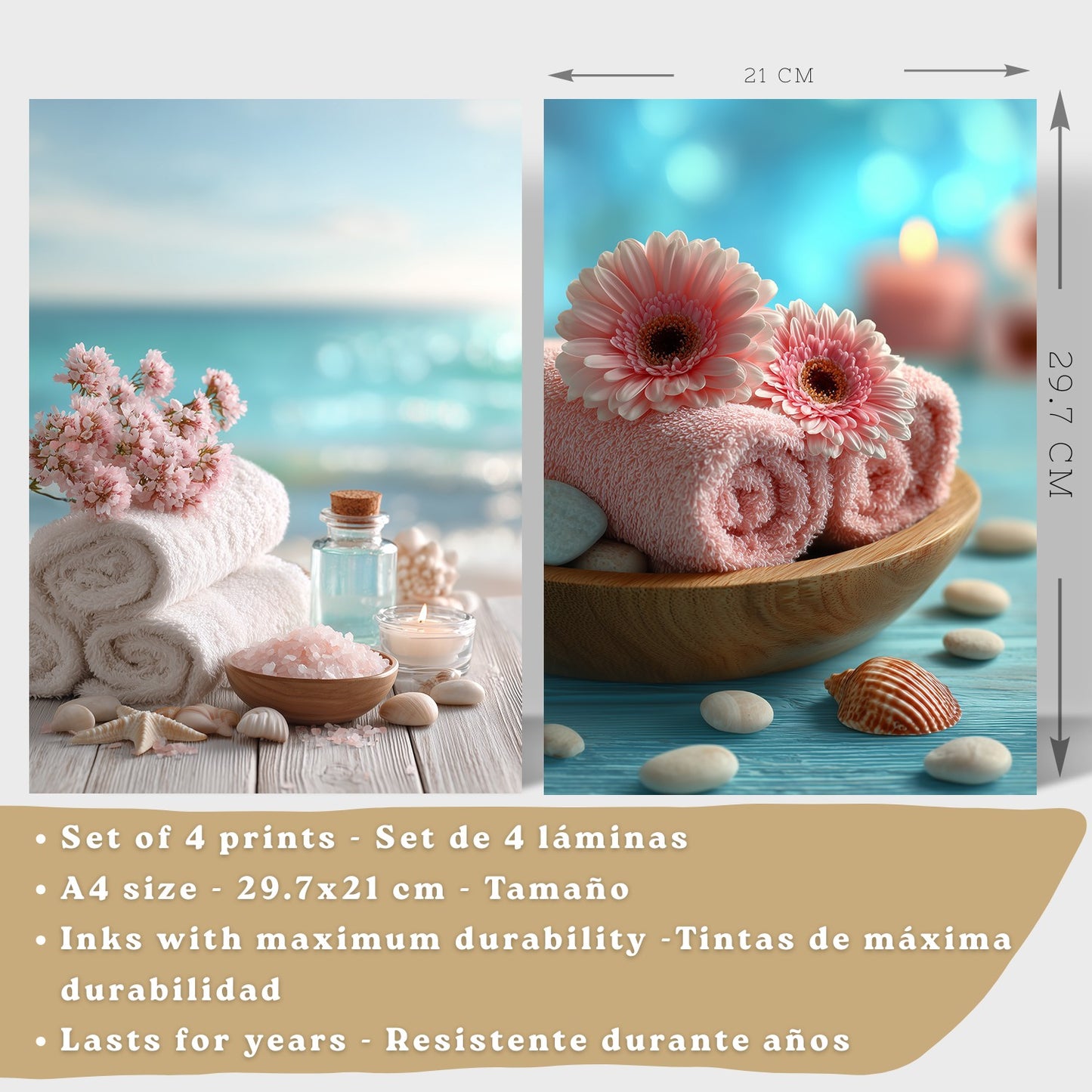 Set de 4 Cuadros Baño Decoracion Poster Estilo Playa Spa para Pared Lavabo Ducha WC y Aseo con Conchas Velas Toallas y Sales Marinas