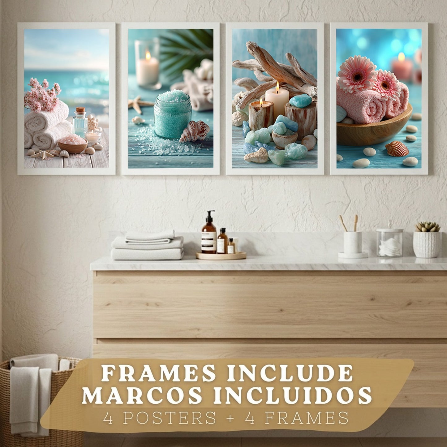 Set de 4 Cuadros Baño Decoracion Poster Estilo Playa Spa para Pared Lavabo Ducha WC y Aseo con Conchas Velas Toallas y Sales Marinas