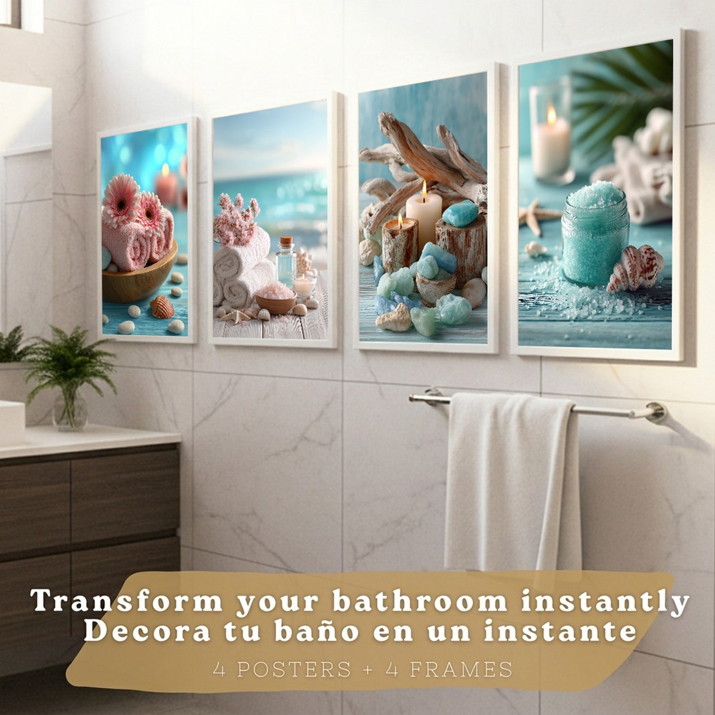 Set de 4 Cuadros Baño Decoracion Poster Estilo Playa Spa para Pared Lavabo Ducha WC y Aseo con Conchas Velas Toallas y Sales Marinas
