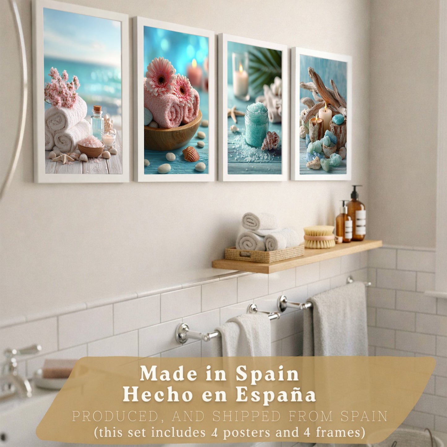 Set de 4 Cuadros Baño Decoracion Poster Estilo Playa Spa para Pared Lavabo Ducha WC y Aseo con Conchas Velas Toallas y Sales Marinas